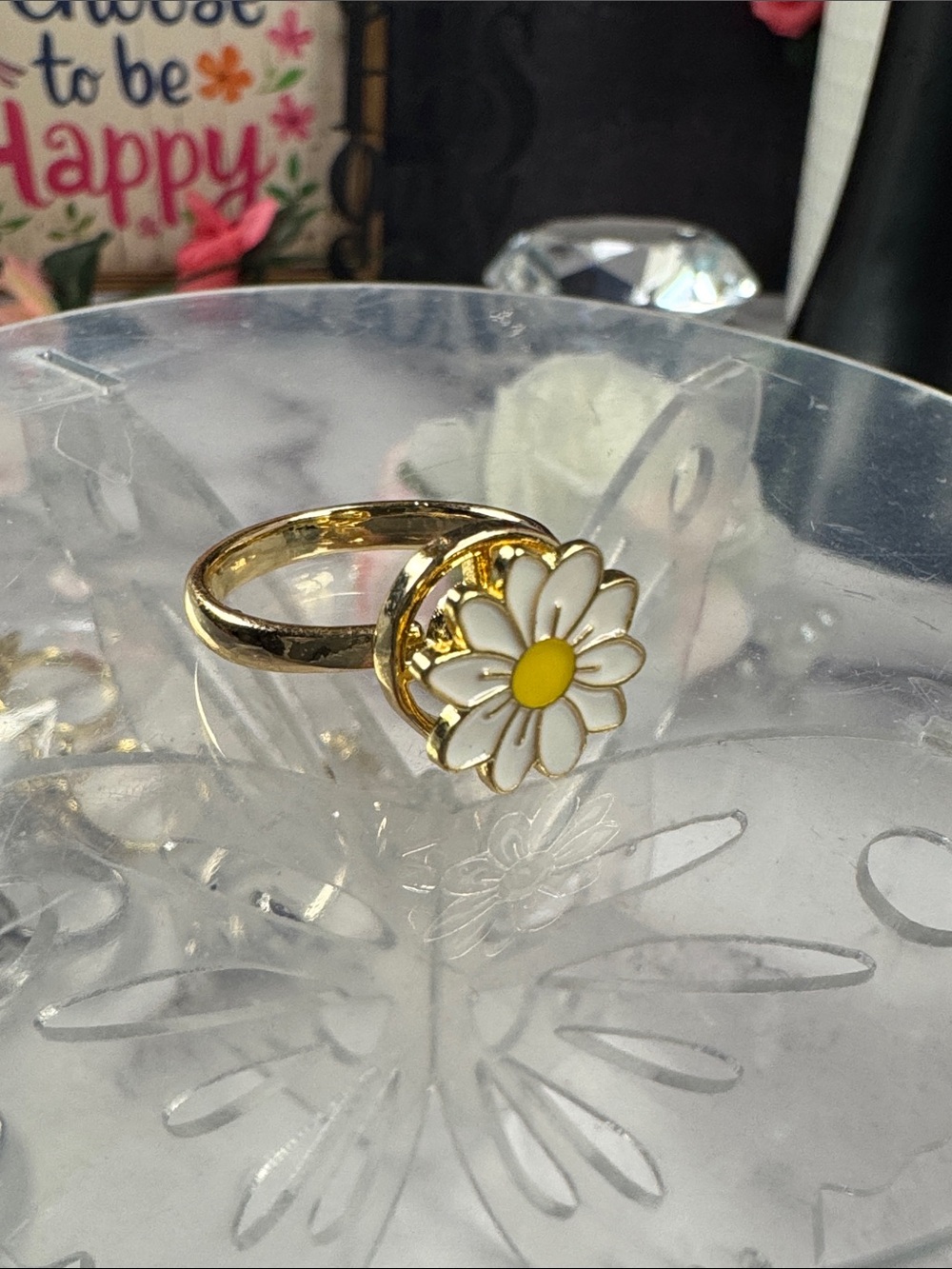 Gold Daisy Ring with White Enamel Petals